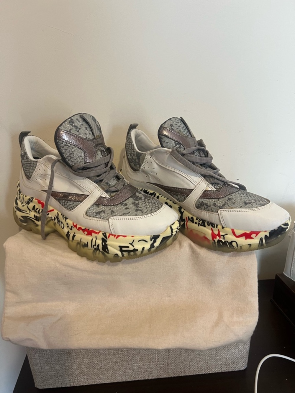 Gray Mixed-Material Women's Platform Sneakers